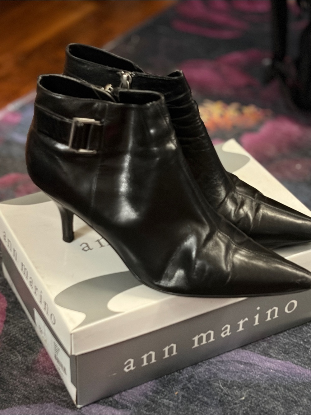LOT OF 2 Ann Marino Black and Brown Pointed Leather Ankle Booties with Buckle